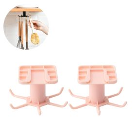 2pcs Under Cabinet Kitchen Utensil Hooks, 360° Rotating Drilling Free Hanging Rack (Color: Pink)