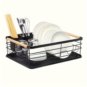 1 piece kitchen utensil drain rack countertop organizer double dish rack metal storage rack (Color: Black)